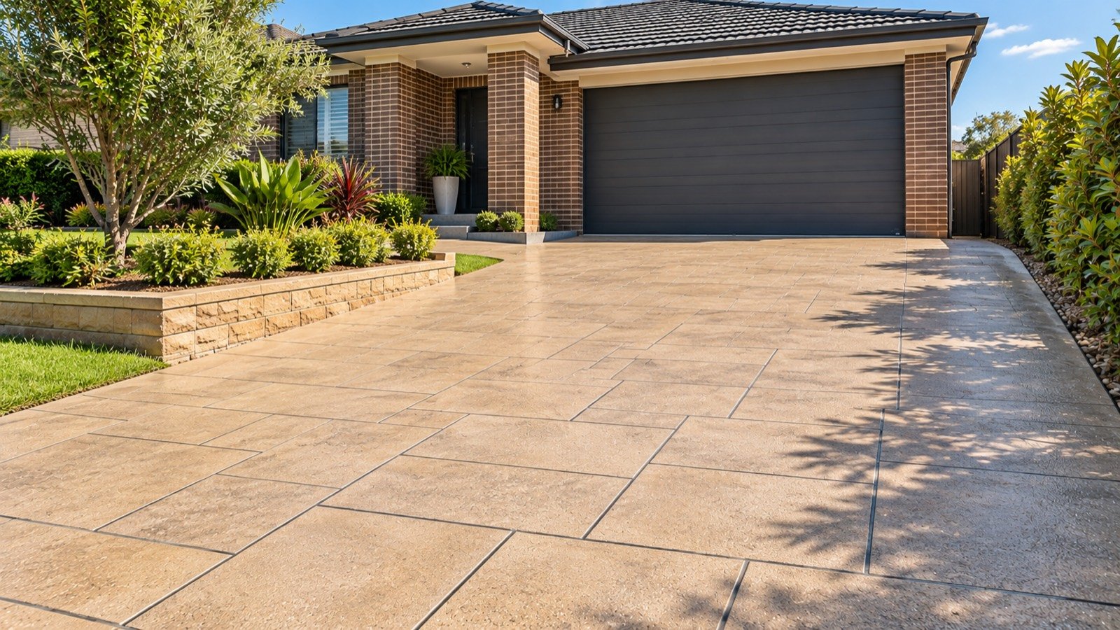 Sandstone spray-crete driveway with a slate stencil pattern