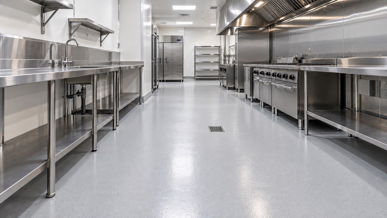 Seamless light grey epoxy commercial kitchen floor with coved skirting