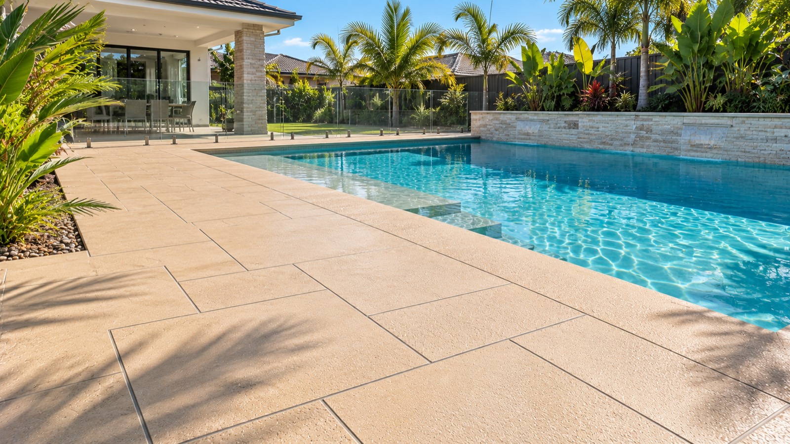 Beige non-slip spray-crete pool surround beside a blue pool